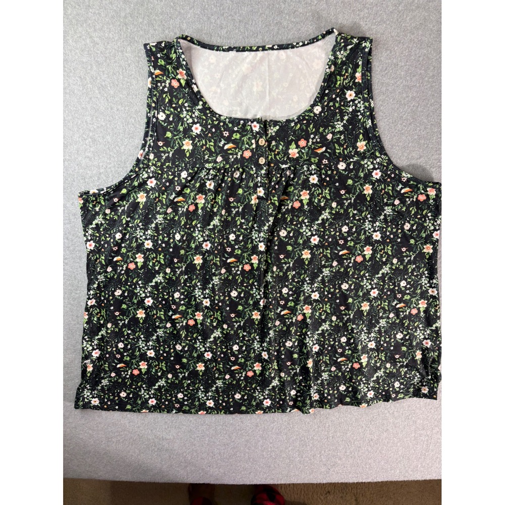 Womens 7XL Floral Tank Top Black Bird Print Button Front Sleeveless
